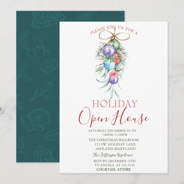 Watercolor Christmas Balls Open House   Invitation (Front/Back)