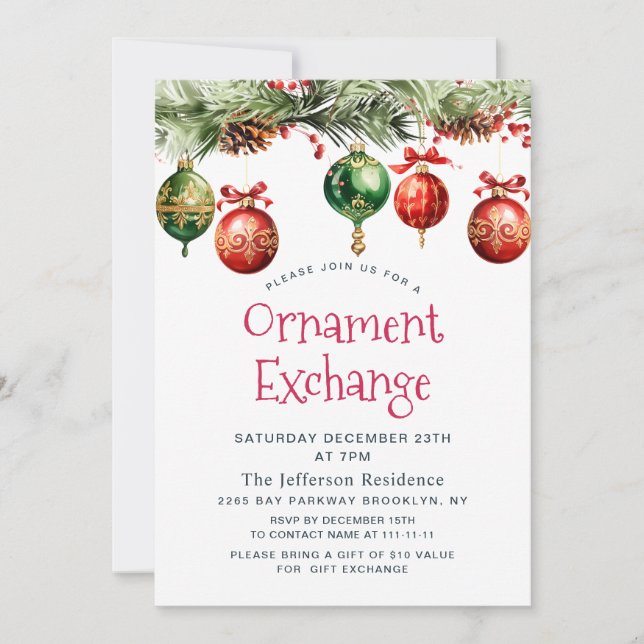 Watercolor Christmas Balls Ornament Exchange Invit Invitation (Front)