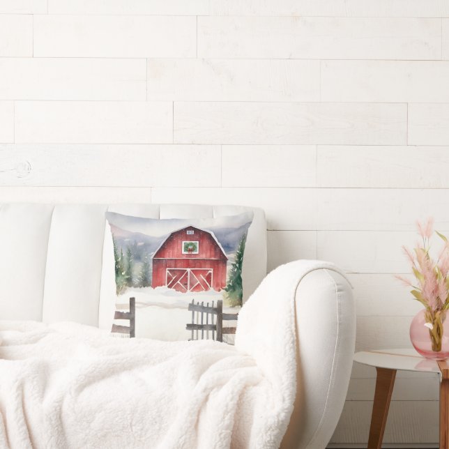 Watercolor Christmas Barn In Snow Cushion (Couch)