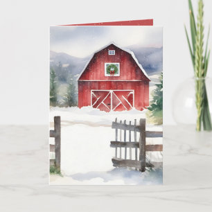 Watercolor Christmas Barn In Snow Holiday Card