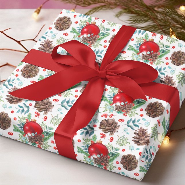 Watercolor Christmas Baubles Pine Cone Floral Wrapping Paper (Creator Uploaded)