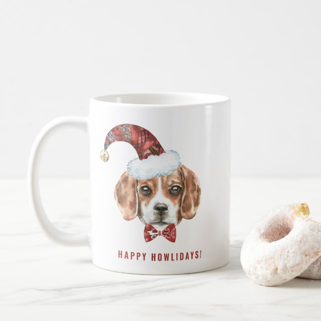 Watercolor Christmas Beagle Santa Happy Howlidays Coffee Mug (With Donut)