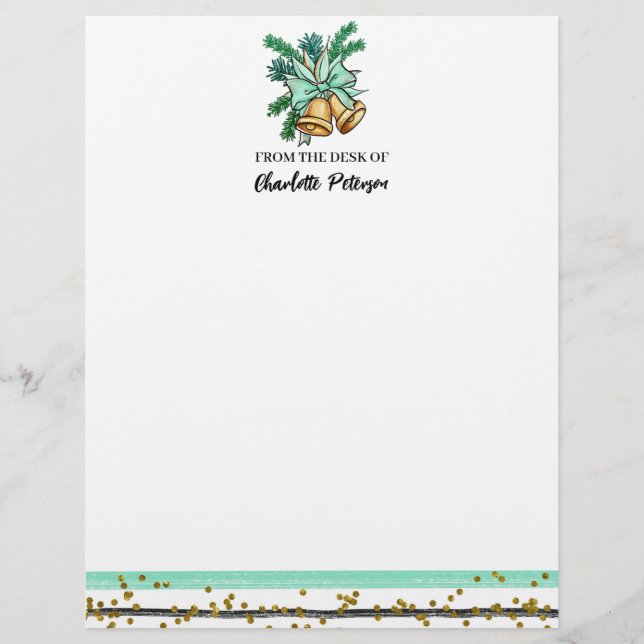 Watercolor Christmas Bell and Pine Leaves Custom Letterhead (Front)