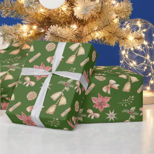 Watercolor Christmas Bells, Poinsettia Green  Wrapping Paper