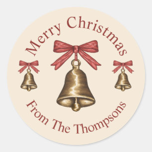 Watercolor Christmas Bells With Red Bows On Top Classic Round Sticker
