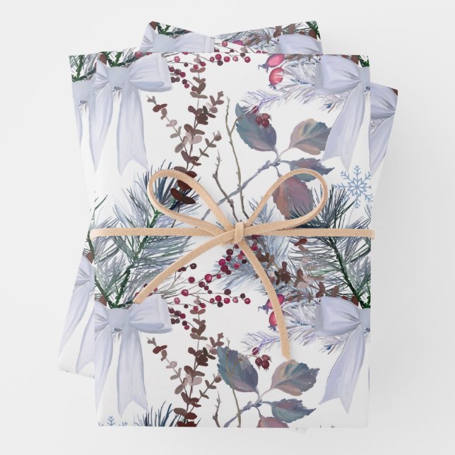 Watercolor Christmas Berries and Pine Branches Wrapping Paper Sheet (In situ)