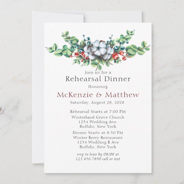 Watercolor Christmas Berry Cotton Rehearsal Dinner Invitation (Front)