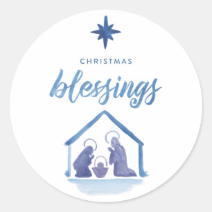 Watercolor Christmas Blessings Nativity Holiday Classic Round Sticker