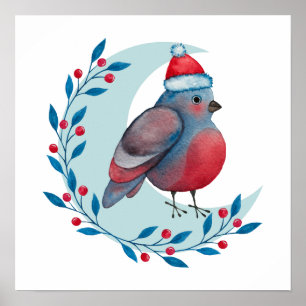Watercolor Christmas Blue Bird On Moon Poster