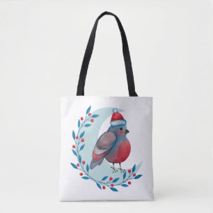 Watercolor Christmas Blue Bird On Moon Tote Bag