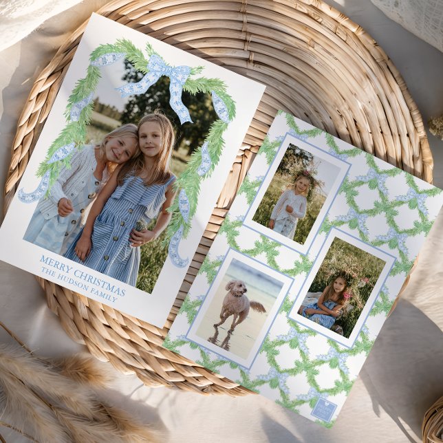 Watercolor Christmas Blue Bow Garland Photo Holiday Card (Creator Uploaded)