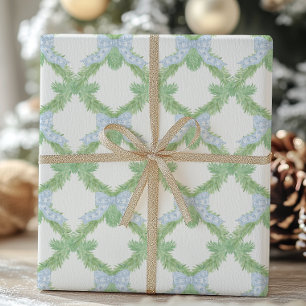 Watercolor Christmas Blue Bow Garland Wrapping Paper