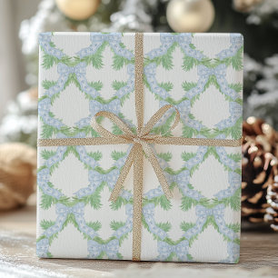 Watercolor Christmas Blue Bow Garland Wrapping Paper
