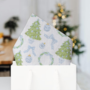 Watercolor Christmas Blue Bow Ginger Jar Trees Tissue Paper