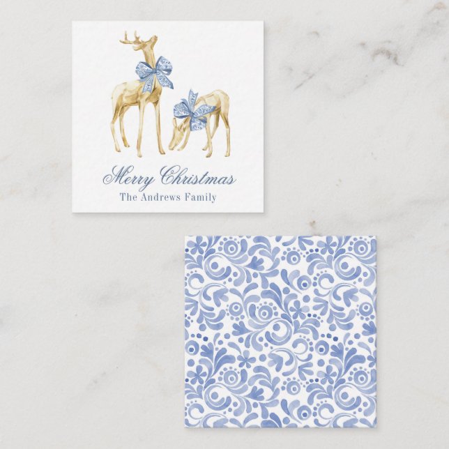 Watercolor Christmas Blue Chinoiserie Bow Reindeer Card (Front/Back)