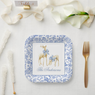 Watercolor Christmas Blue Chinoiserie Bow Reindeer Paper Plate
