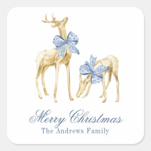 Watercolor Christmas Blue Chinoiserie Bow Reindeer Square Sticker