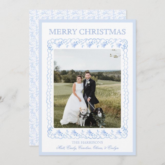 Watercolor Christmas Blue Chinoiserie One Photo  Holiday Card (Front/Back)