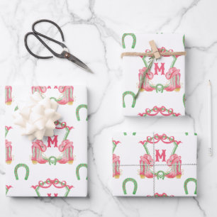 Watercolor Christmas Boots Monogram Crest Wrapping Paper Sheet