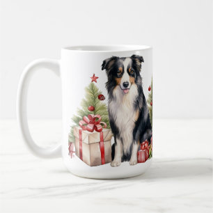 WATERCOLOR CHRISTMAS BORDER COLLIE DOG COFFEE MUG