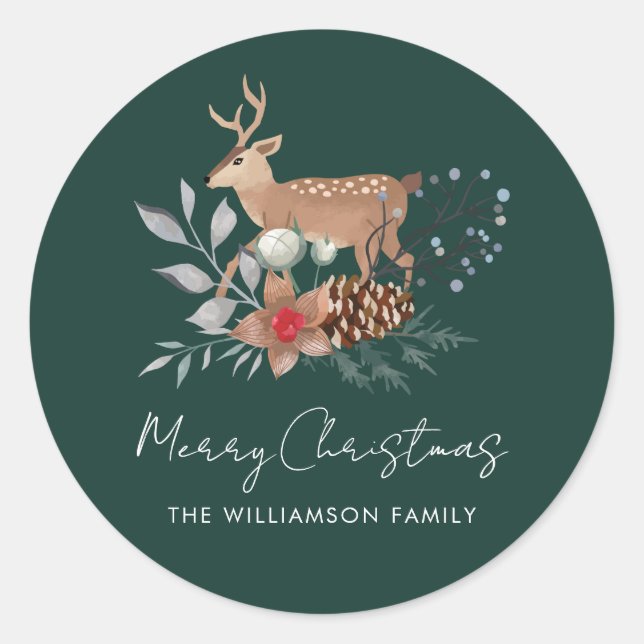Watercolor Christmas Botanical Deer Holiday Classic Round Sticker (Front)