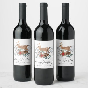 Watercolor Christmas Botanical Deer Holiday Wine Label