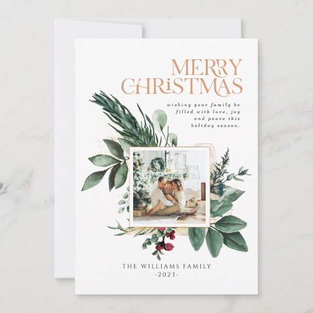 Watercolor Christmas Botanical Foliage One Photo Holiday Card (Front)