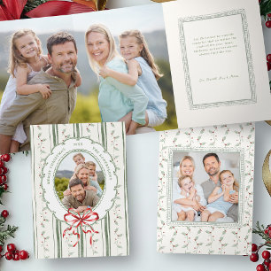 Watercolor Christmas Bow Botanical Family Photo Tri-Fold Card
