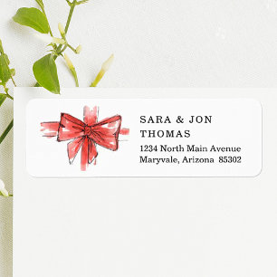 Watercolor Christmas Bow Red Ribbon Return Address Label