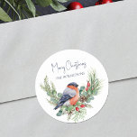 Watercolor Christmas Bullfinch Winter Bird Classic Round Sticker<br><div class="desc">Use these beautiful winter bird personalised Christmas stickers as envelopes seals or on holiday gifts,  featuring a cute watercolor bullfinch perched on a wreath of pine greenery,  holly leaves and berries.</div>