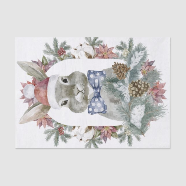 Watercolor Christmas Bunny With Polka Dot Bow Tissue Paper (Front)