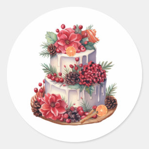 Watercolor Christmas Cake with Flowers, Berries Classic Round Sticker