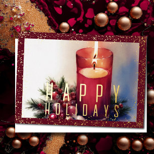 Watercolor Christmas Candle Burgundy Red Foil Holiday Card