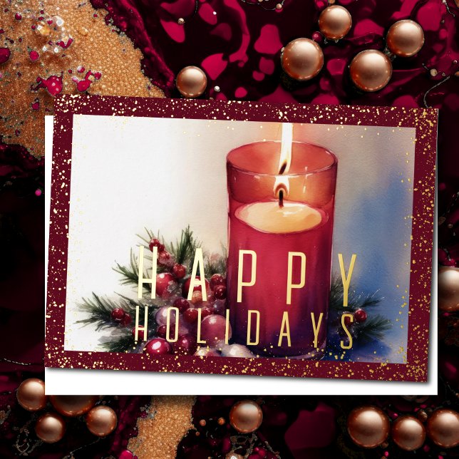 Watercolor Christmas Candle Burgundy Red Foil Holiday Card (Creator Uploaded)