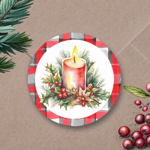 Watercolor Christmas Candle Chequered Plaid Classic Round Sticker