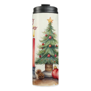 Watercolor Christmas Candle Festive Painting Thermal Tumbler