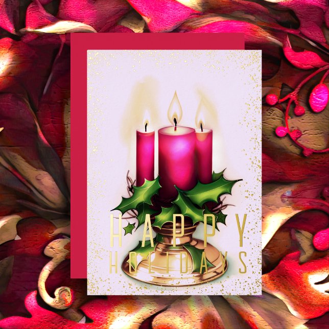 Watercolor Christmas Candle Magenta Foil Holiday Card (Creator Uploaded)