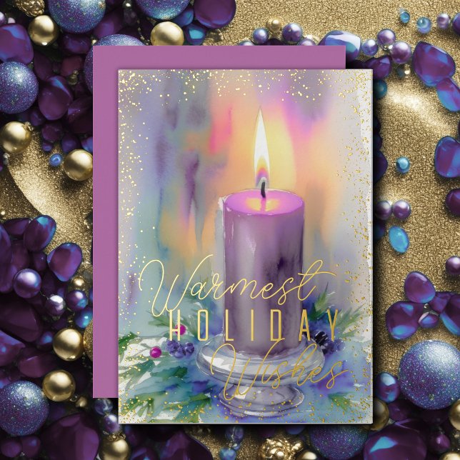 Watercolor Christmas Candle Purple Foil Holiday Card (Creator Uploaded)