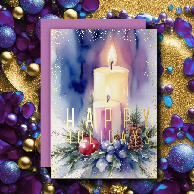 Watercolor Christmas Candle Purple Foil Holiday Card (Creator Uploaded)