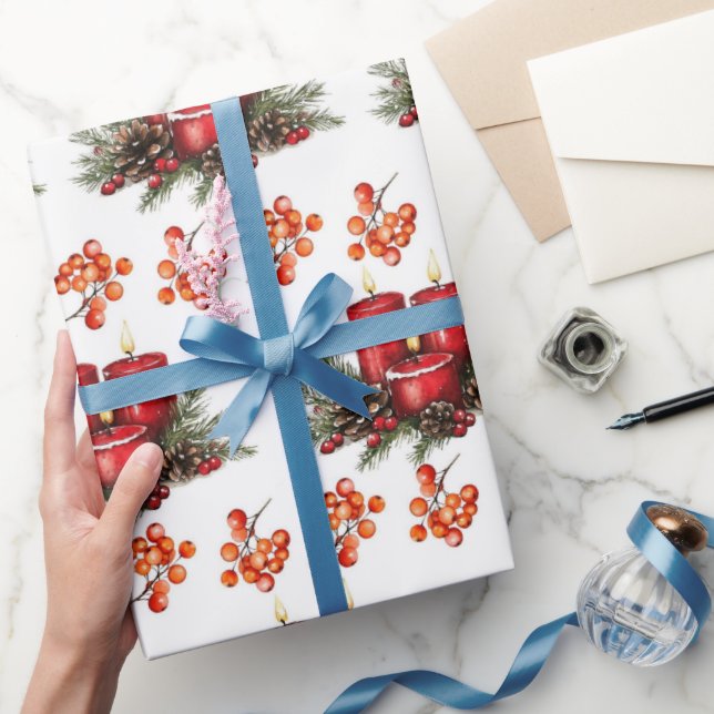 Watercolor Christmas Candles Wrapping Paper (Gifting)