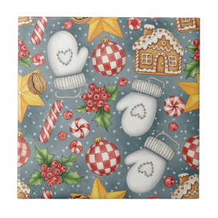 Watercolor Christmas Candy Cane Gingerbread Ceramic Tile