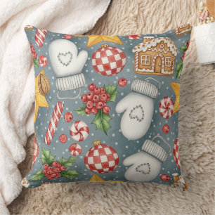 Watercolor Christmas Candy Cane Gingerbread Cushion