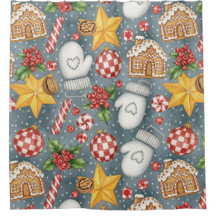Watercolor Christmas Candy Cane Gingerbread Shower Curtain