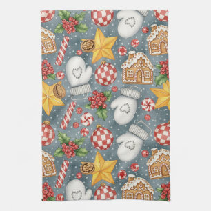 Watercolor Christmas Candy Cane Gingerbread Tea Towel