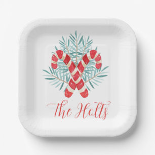 Watercolor Christmas Candy Cane Personalized Paper Plate