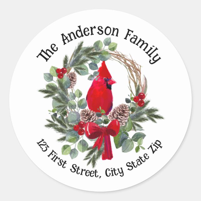 Watercolor Christmas Cardinal Red Bird Berries  Classic Round Sticker (Front)