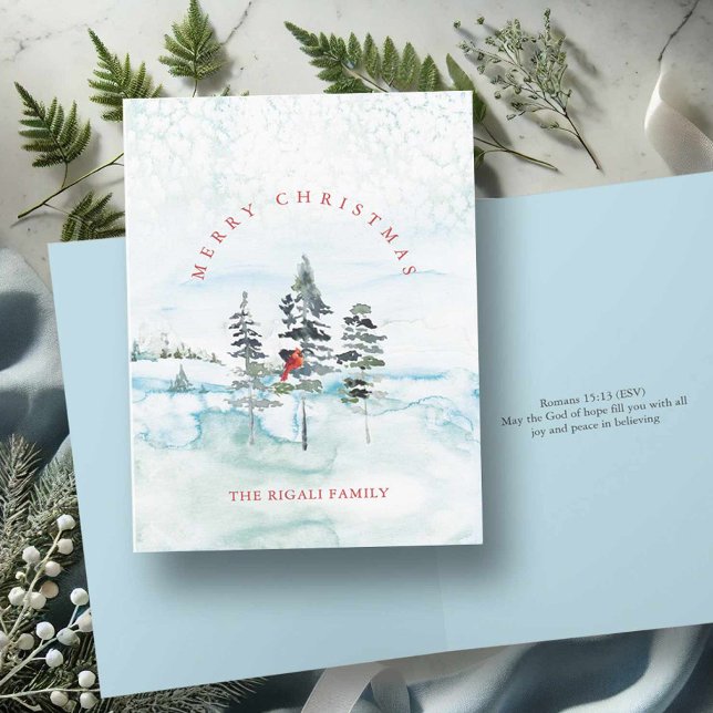 Watercolor Christmas Cards with Bible Verse (Christmas card bible verses features watercolor snowy pine tree art & cardinal Victoria Grigaliunas)