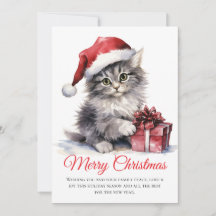Watercolor Christmas Cat - Non Photo Holiday Card