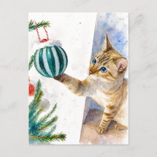 Watercolor Christmas Cat with Ornament Postcard