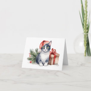 Watercolor Christmas Cat with Present Card